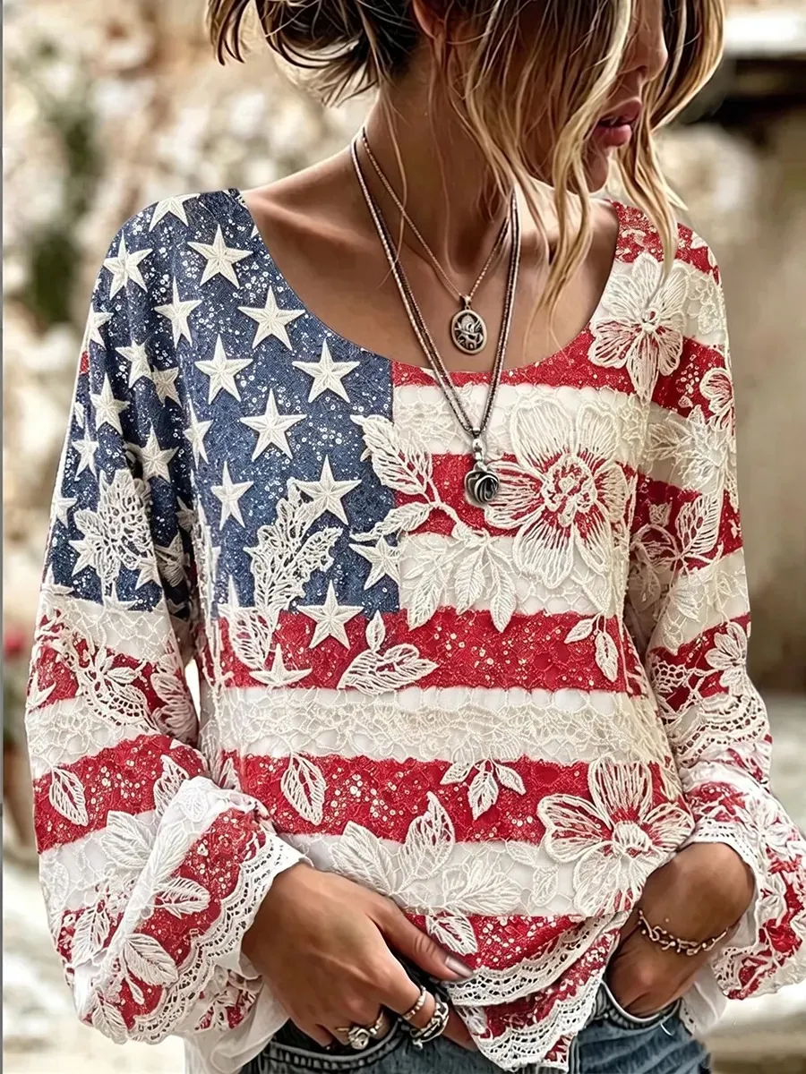 Women's Vintage American Flag Floral Art Cotton-Linen Shirt