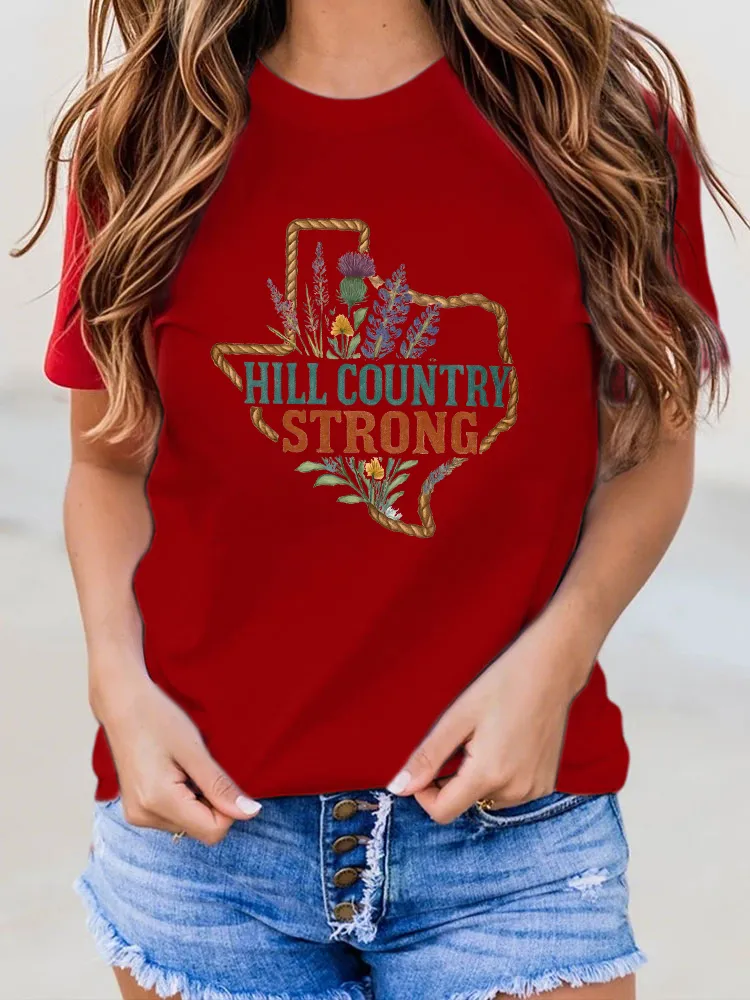 Ladies HILL COUNTRY STRONG Simple Loose And Slim Round Neck Shirt