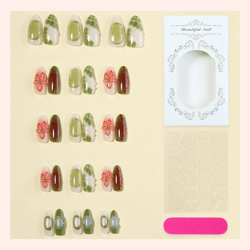 Nailhour 30Pcs Green Floral 3D Gilded Medium Almond French Press On Nails
