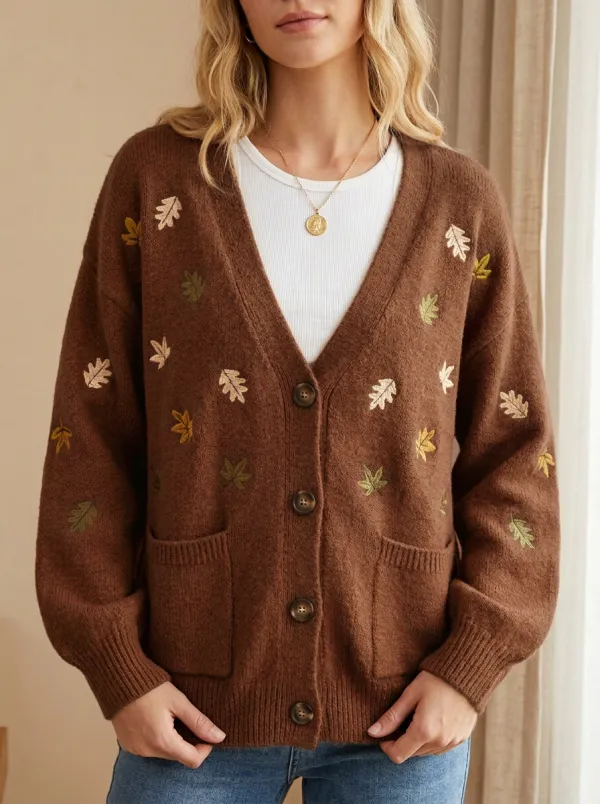 Leaf Button Embroidered Women's Knit Cardigan