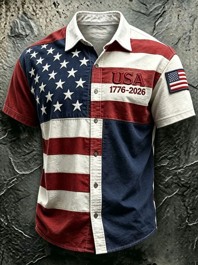 Men'S Casual American 250Th Anniversary Personalized Printed Lapel Shirt