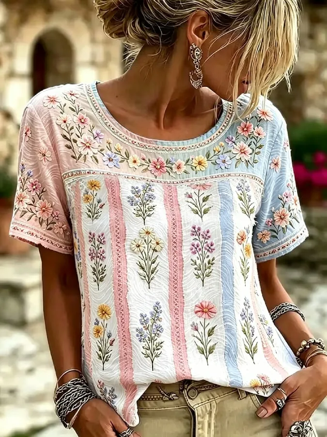 Women'S Casual Pink Breast Cancer Art Round Neck Top