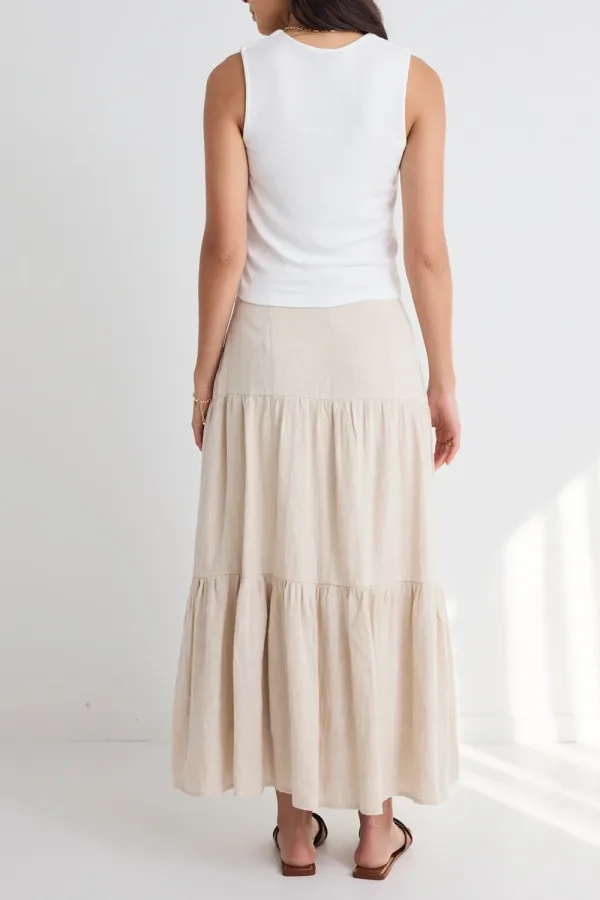 Sand Tiered Linen Midi Skirt