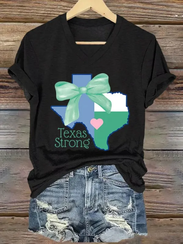 Retro Texas Strong Bow Print V Neck T-Shirt