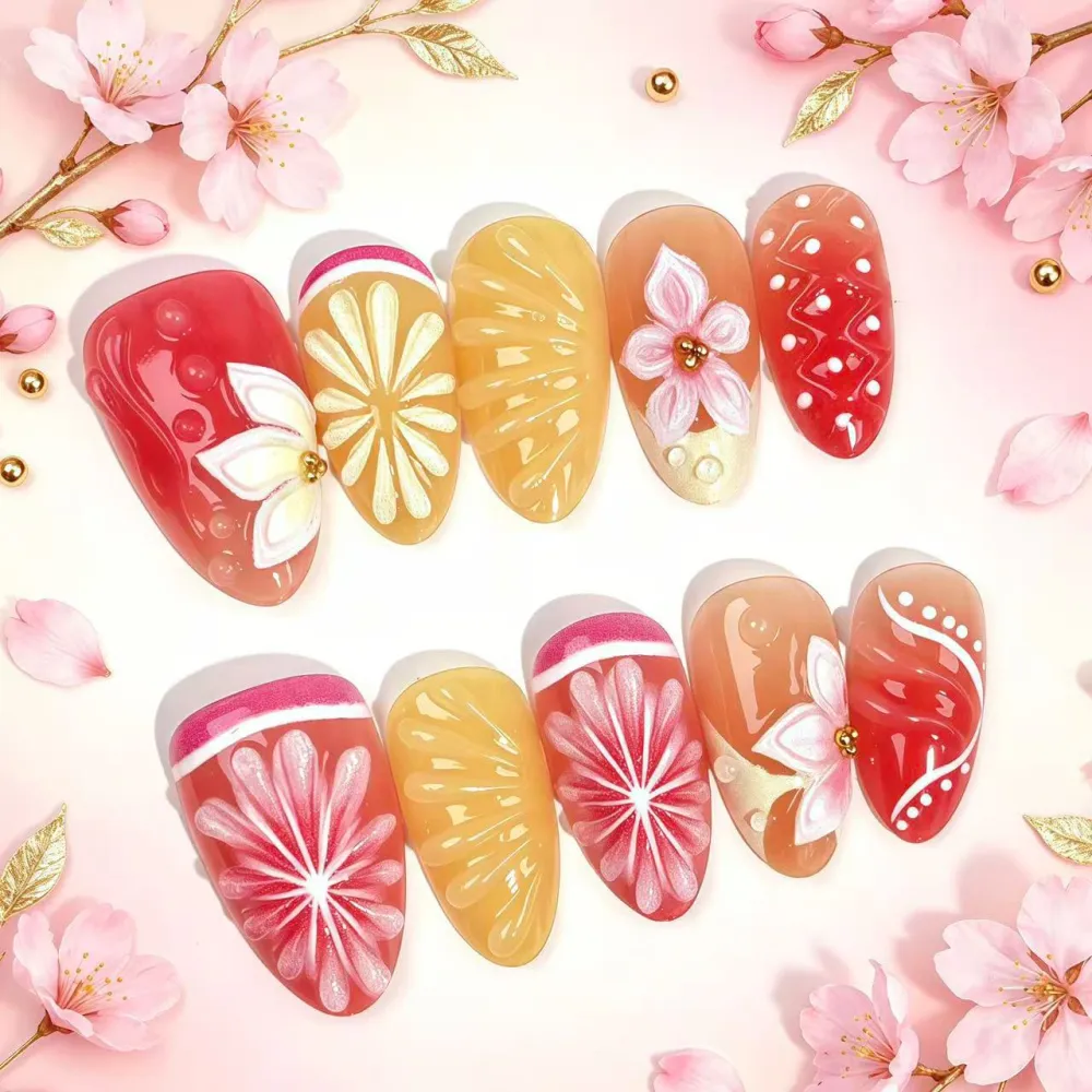 Nailhour 30Pcs Handmade Floral 3D Medium Almond French Press On Nails