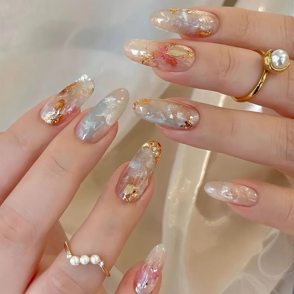 Nailhour 10Pcs Multicolor French Gilded Medium Oval Press On Nails