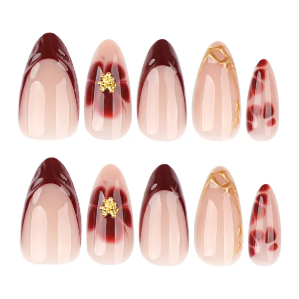 Nailhour 24Pcs Red Gilded French Medium Almond Press On Nails