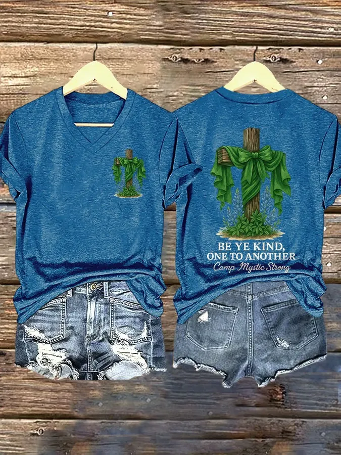 V Neck Retro Texas Strong Cross Print T-Shirt
