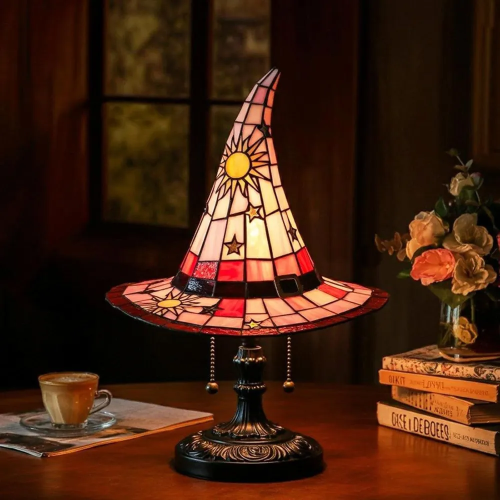 Halloween Witch Hat Lamps Resin Decorative USB Plug Light Ornament（11*8*18cm）