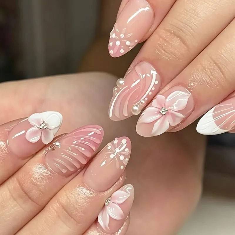 Nailhour 24Pcs Cherry Blossom 3D Medium Almond Pink Press On Nails