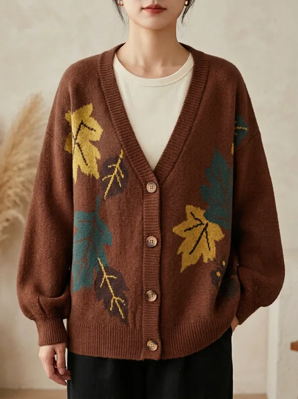 Cottage Maple Leaf Pattern Patterned Women's Knit Cardigan