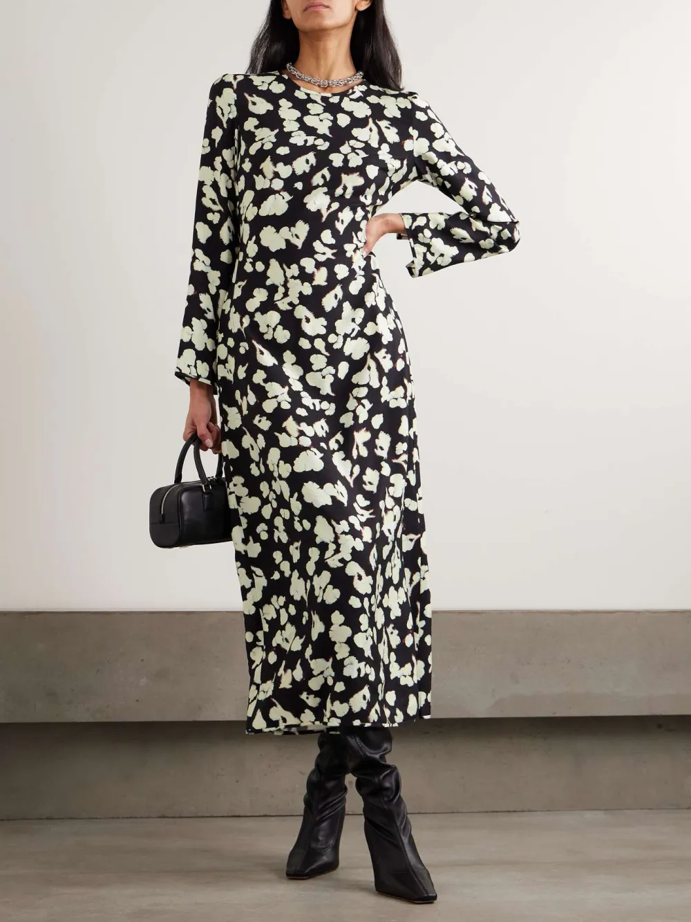 Back Slit Print Long Sleeve Dress