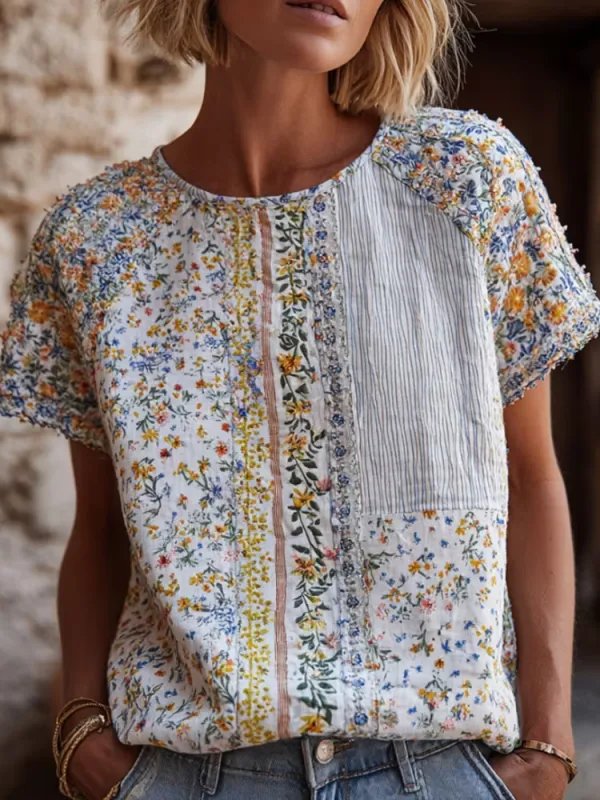 Women's Retro Floral Art Round Neck Short Sleeved Linen Blend T-Shirt