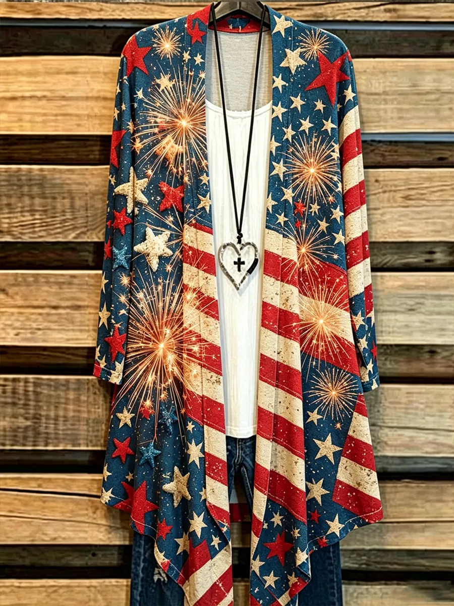 Women's Retro Independence Day Flag Art Cardigan
