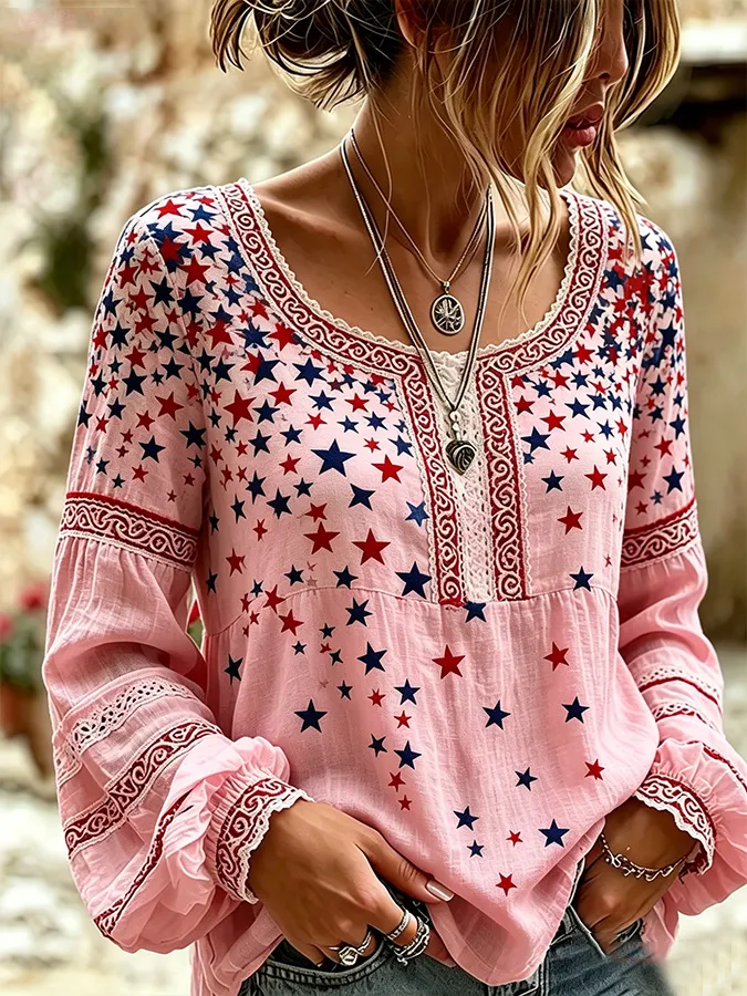 Women'S American Flag Star Printed Long Sleeve Casual Shirt