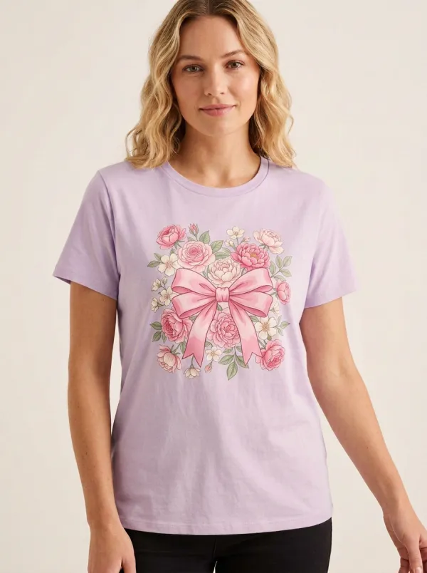 Women's Breast Cancer Awareness Floral Bow Printed T-shirt