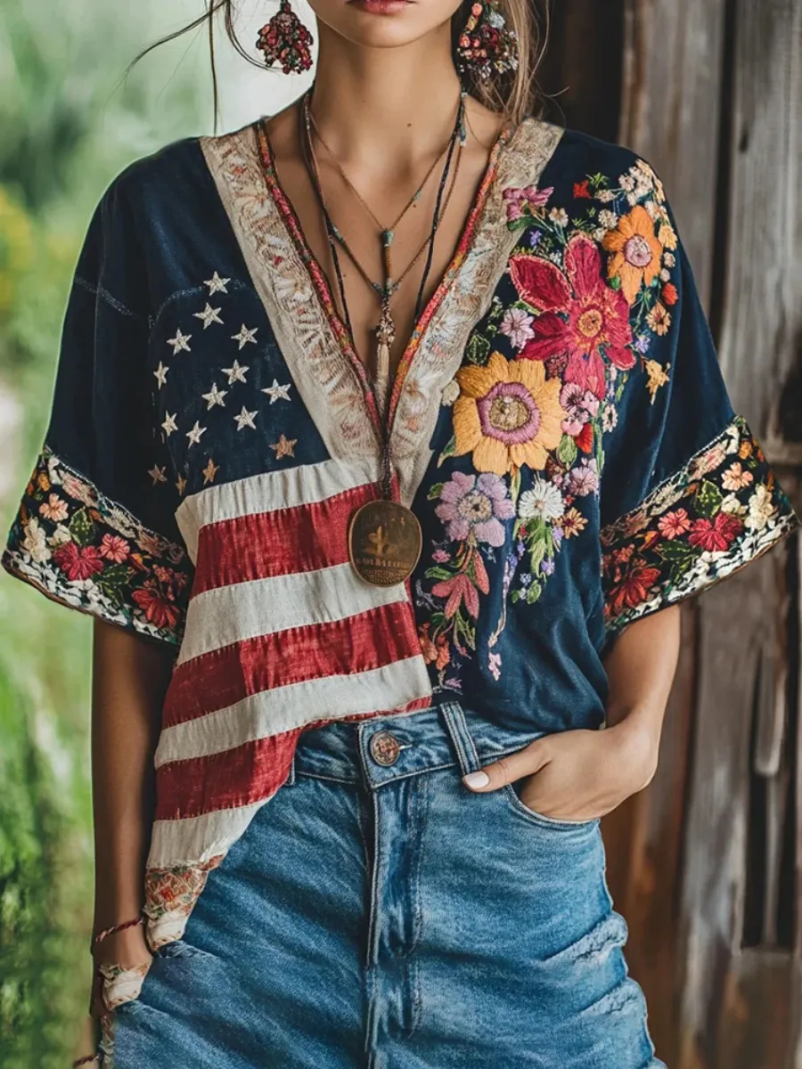 Women's Independence Day Flag Floral Embroidered Three-quarter Sleeves T-shirt
