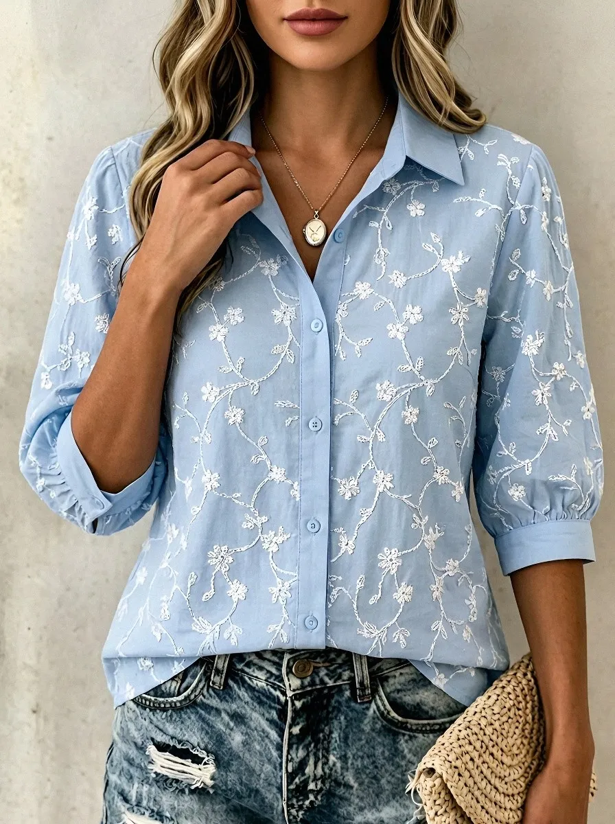 Women's Breast Cancer Awareness Floral Embroidered Printed Shirt
