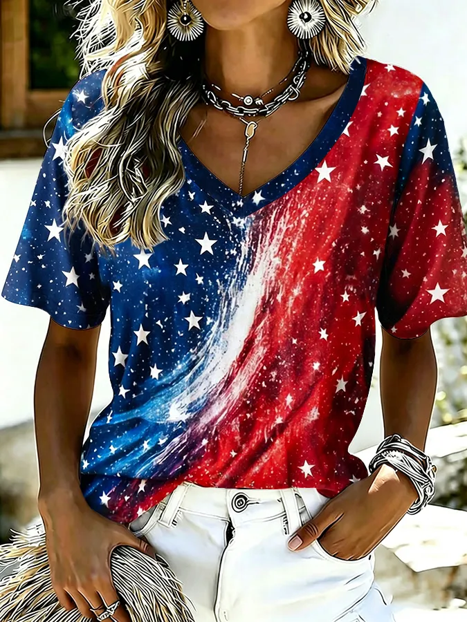 Women'S Casual Retro American Independence Day Patriotic Printed Short Sleeved T-Shirt
