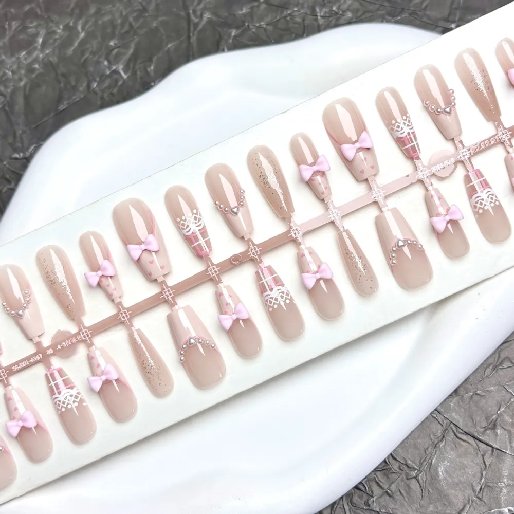 Nailhour 30Pcs Coffin Bow Pearl French Date Cute Pick Princess Press On Nails