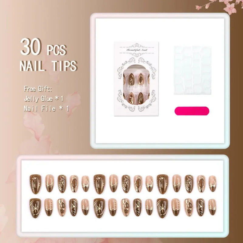 Nailhour 30Pcs Autumn Brown Gilded Medium Almond Press On Nails