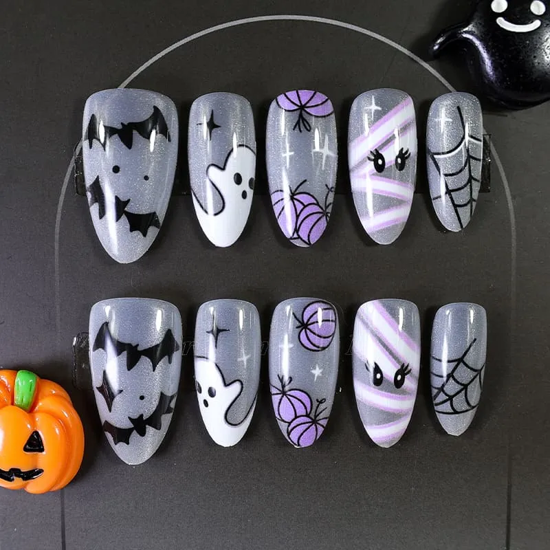 Nailhour 30Pcs Halloween Cat Eye Medium Almond French Press On Nails