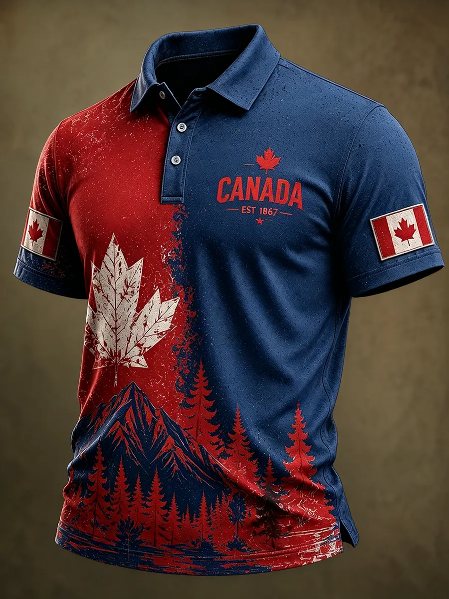 Men's Canada EST 1867 Vintage Flag Print Polo Shirt