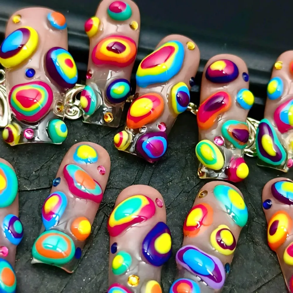 Nailhour 10Pcs Handmade Extra Long Square Y2K Colorful Press On Nails