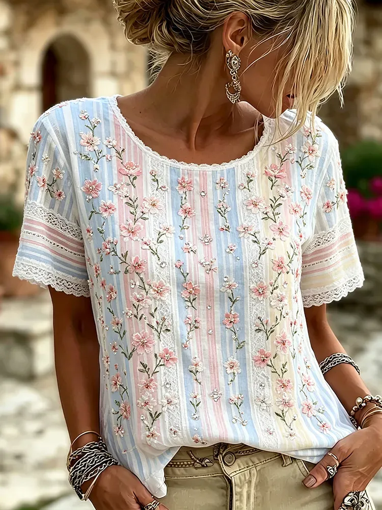 Women's casual floral print cotton and linen round neck top