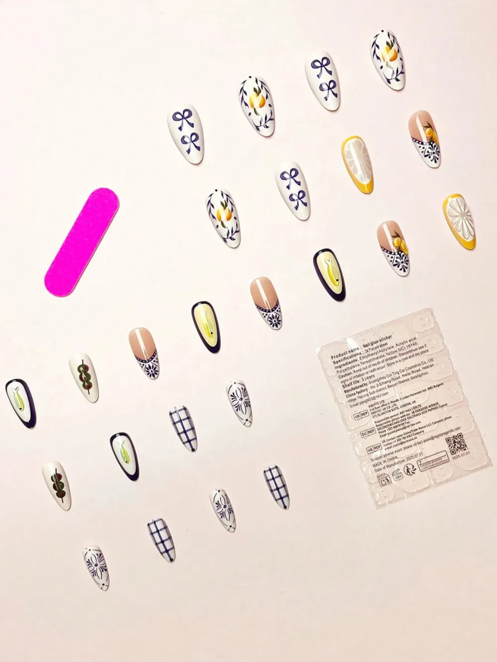 Nailhour Almond White 24Pcs Lemon Cute Fish Blue Plaid Press On Nails