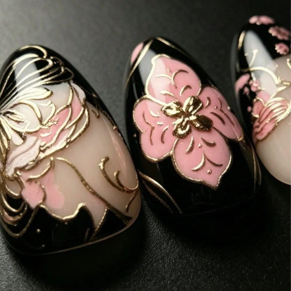 Nailhour 10Pcs Handmade Y2K Gilded Floral Medium Almond Press On Nails