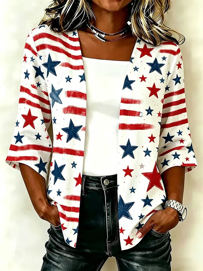 Women'S Casual Loose Independence Day Patriotic Cardigan