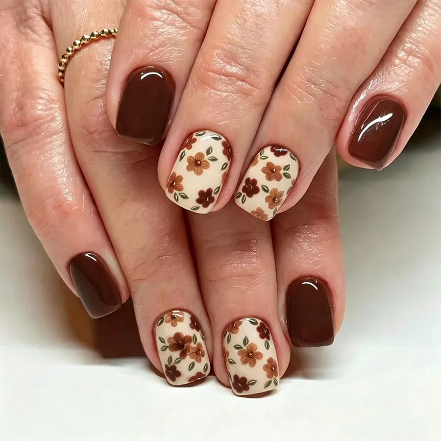 Nailhour 24Pcs Autumn Floral Short Squoval Press On Nails
