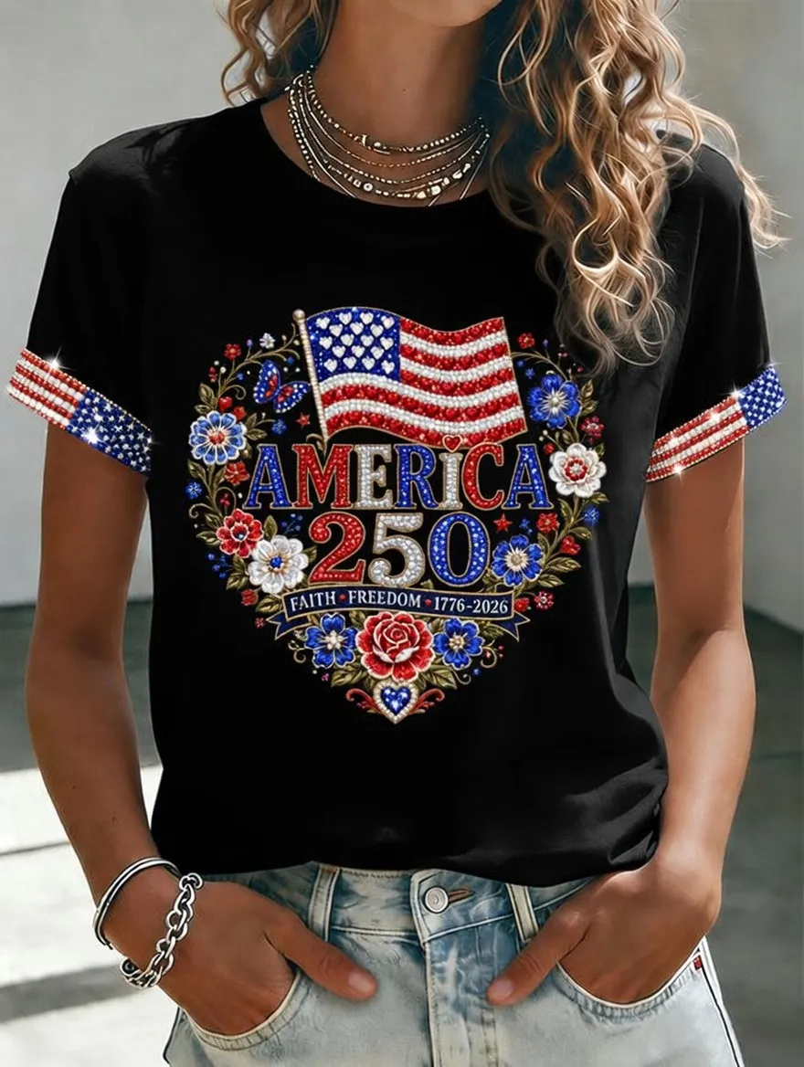 Women'S American Independence Day 250Th Anniversary Printed Short Sleeved T-Shirt