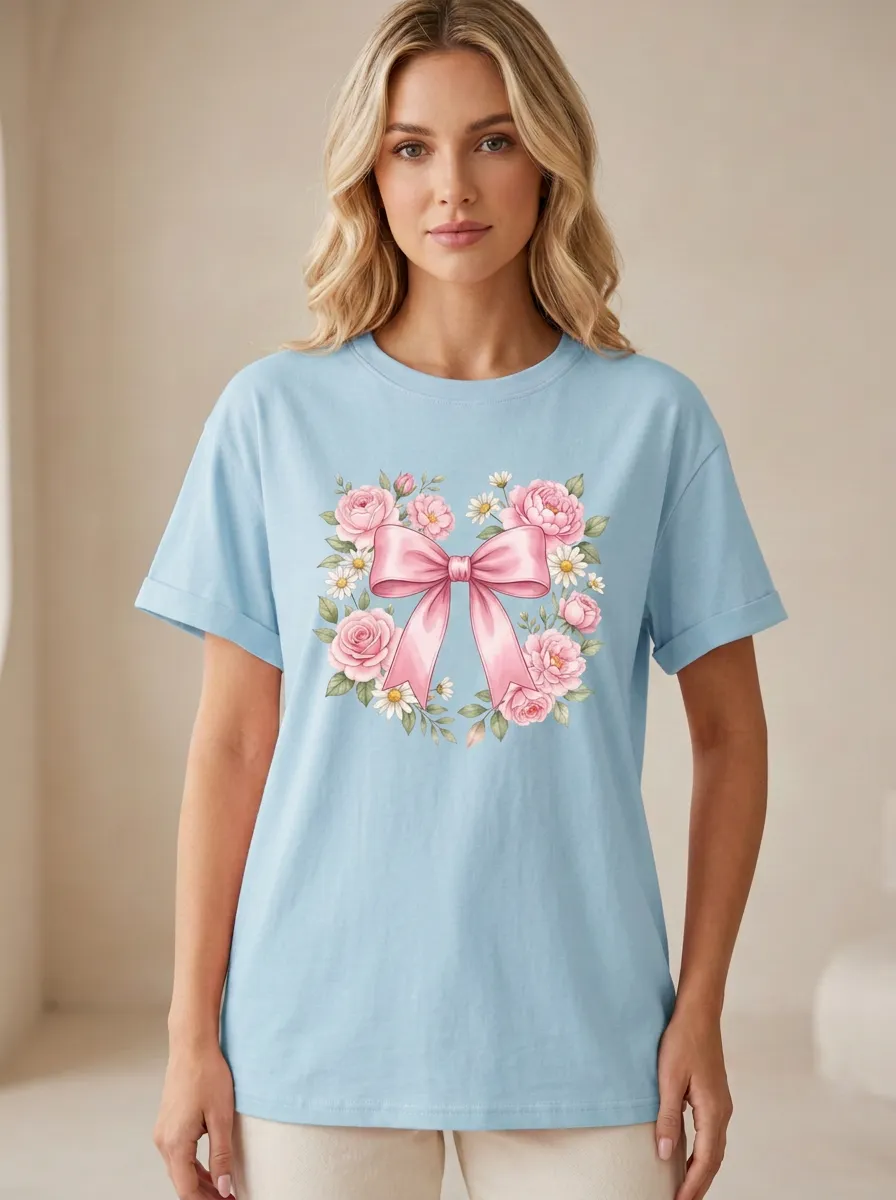 Women's Breast Cancer Awareness Pink Bow Floral Printed T-shirt