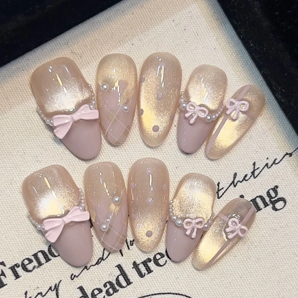 Nailhour 10Pcs French Cat Eye 3D Bow Purple Medium Almond Press On Nails
