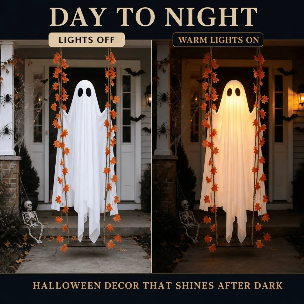 Halloween Porch/Garden Large Maple Leaf Swing Ghost Glowing Ornament