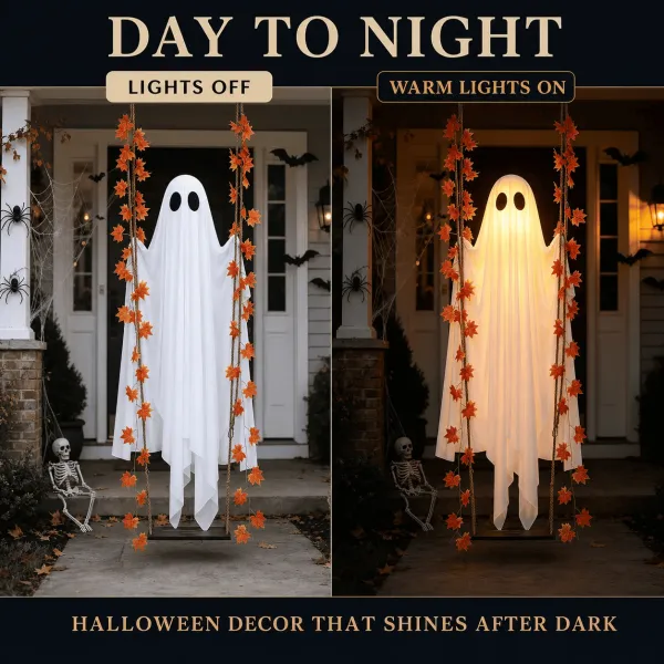 Halloween Porch/Garden Large Maple Leaf Swing Ghost Glowing Ornament