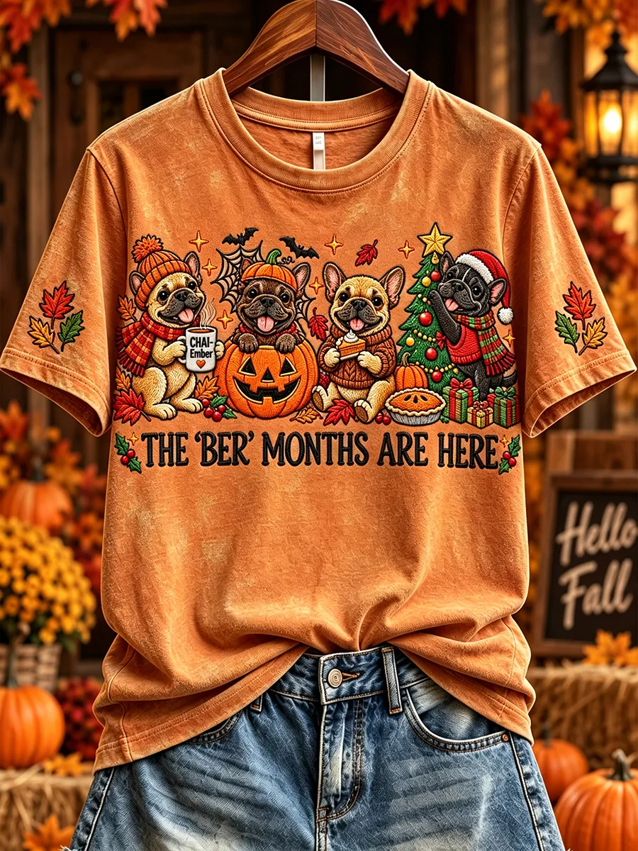 Women'S Vintage The 'Ber Months Are Here French Bulldog Print Short-Sleeved T-Shirt