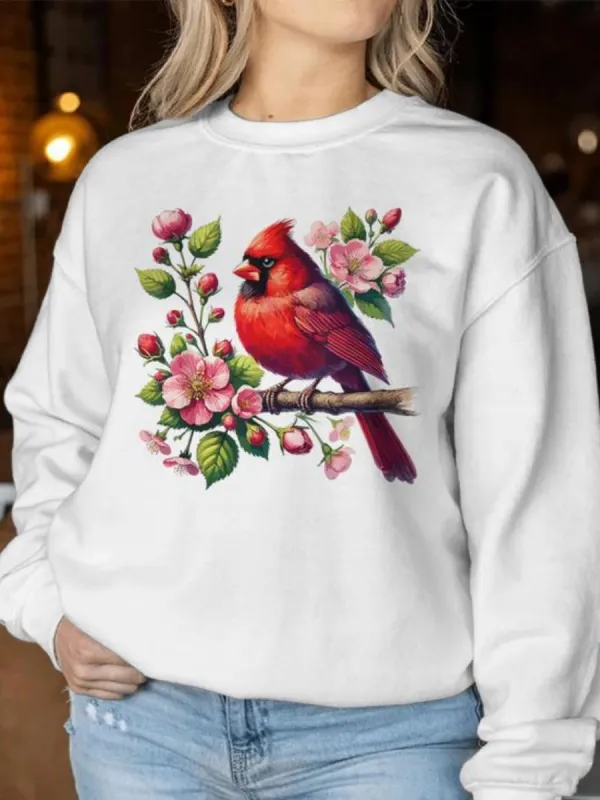 Bird and Flower Print Sweatshirt
