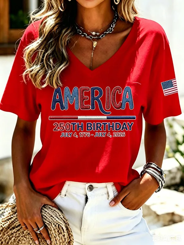250th Anniversary American Embroidery Commemorative V-neck Short sleeved T-shirt