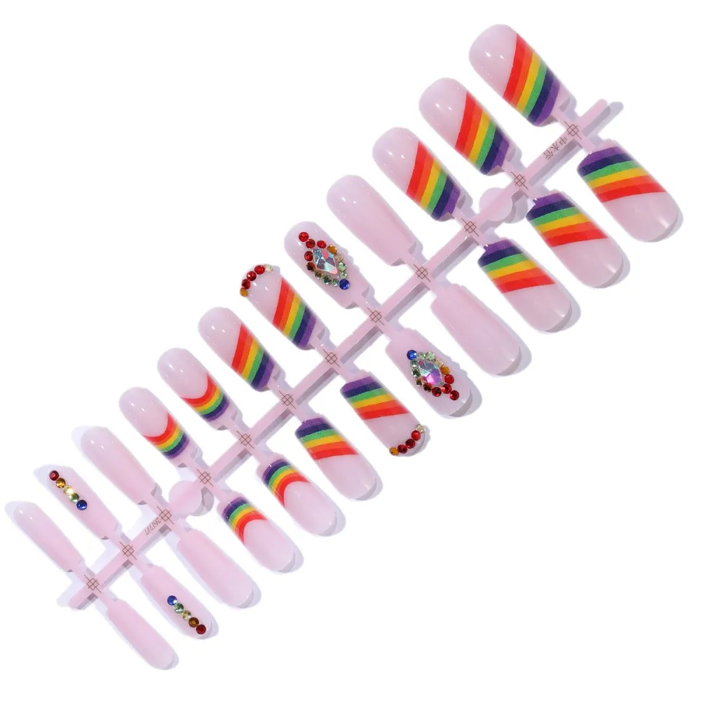 Nailhour 24Pcs Rainbow Striped French Medium Square Press On Nails