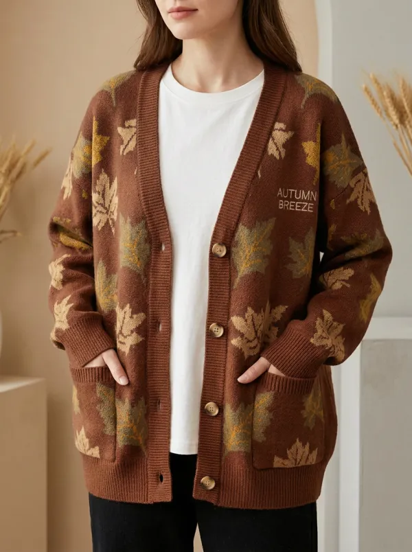 Maple Leaf Pattern Embroidered Women's Knit Cardigan