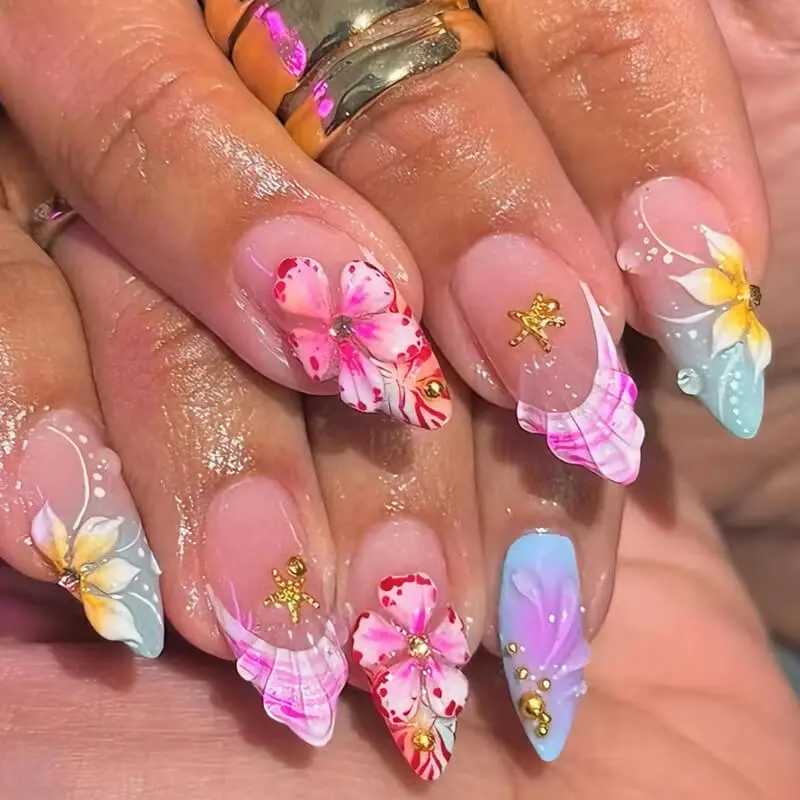 Nailhour 30Pcs 3D Resin Floral Medium Almond Press On Nails