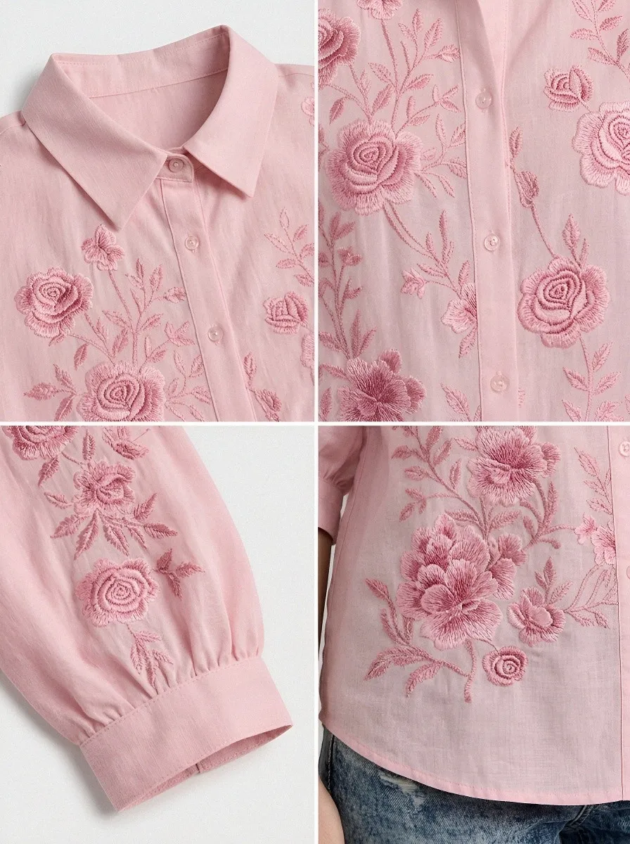 Women's Breast Cancer Awareness Pink Rose Floral Embroidered Button-Down Shirt
