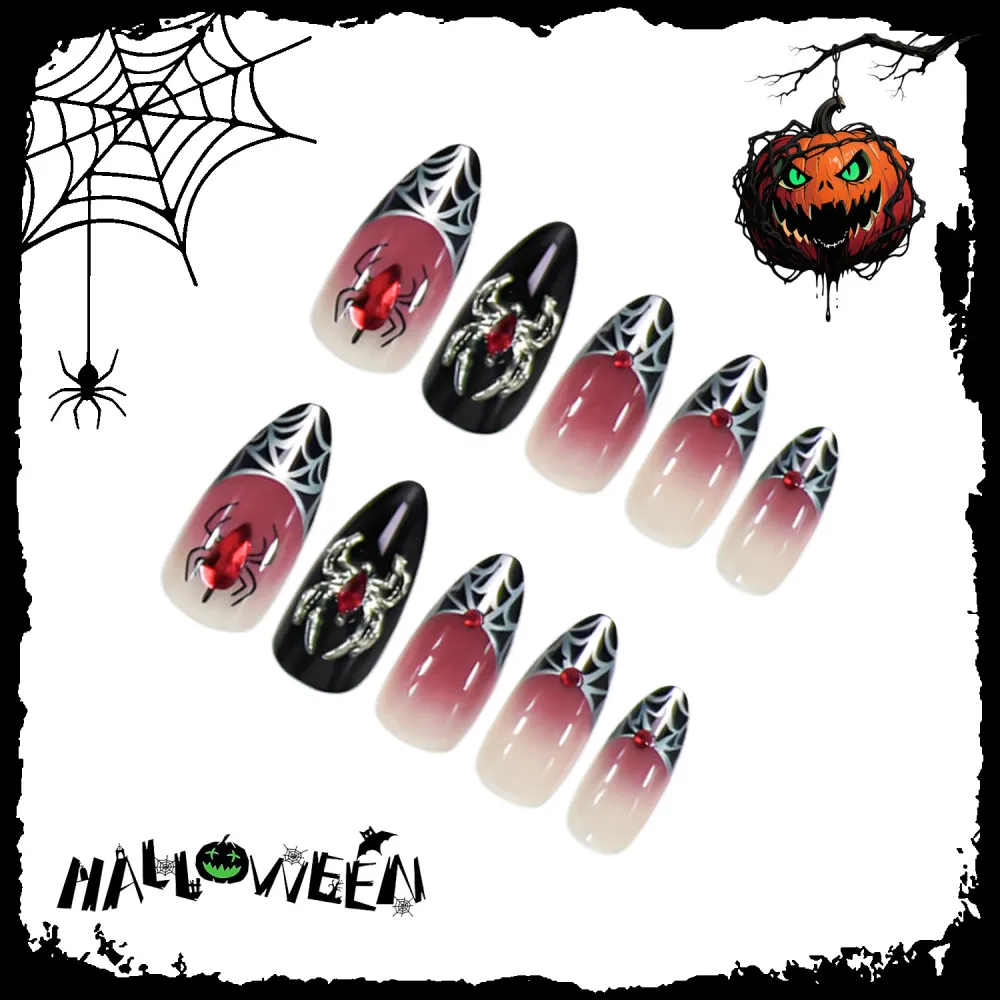 Nailhour Black Gothic 24Pcs Almond Spider Halloween Press On Nails