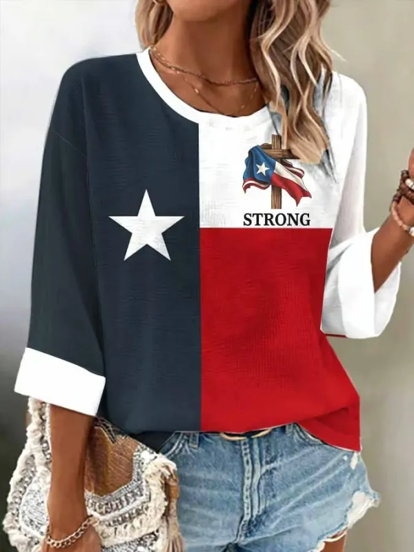 Women's Retro Texas Strong Color Block Print Top