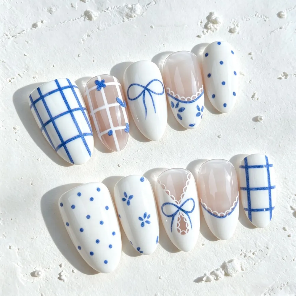 Nailhour 30Pcs Blue And White Medium Almond French Press On Nails