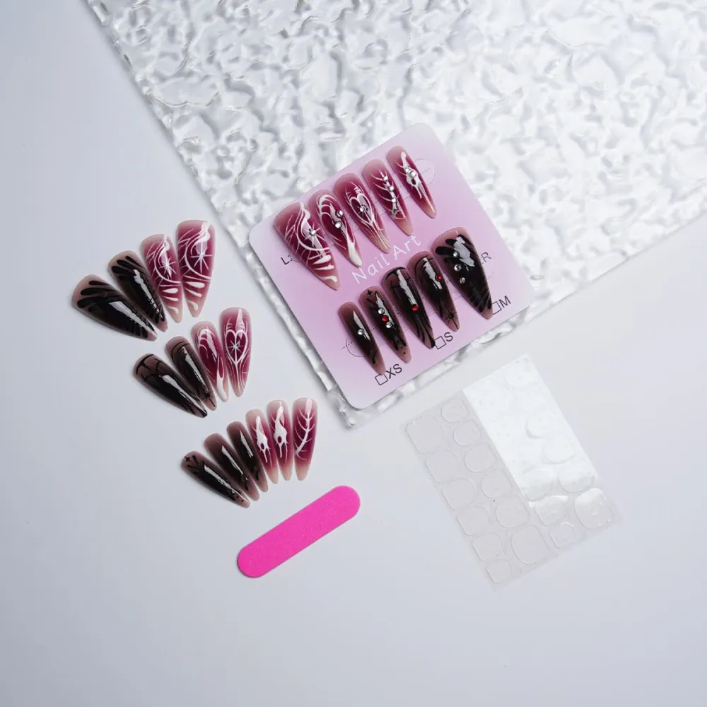 Nailhour 24Pcs Dark Gothic 3D Medium Almond Press On Nails