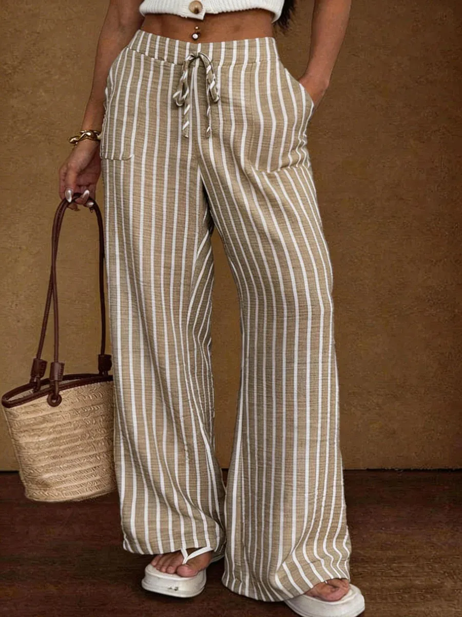 Loose Drawstring Striped Wide Leg Pants